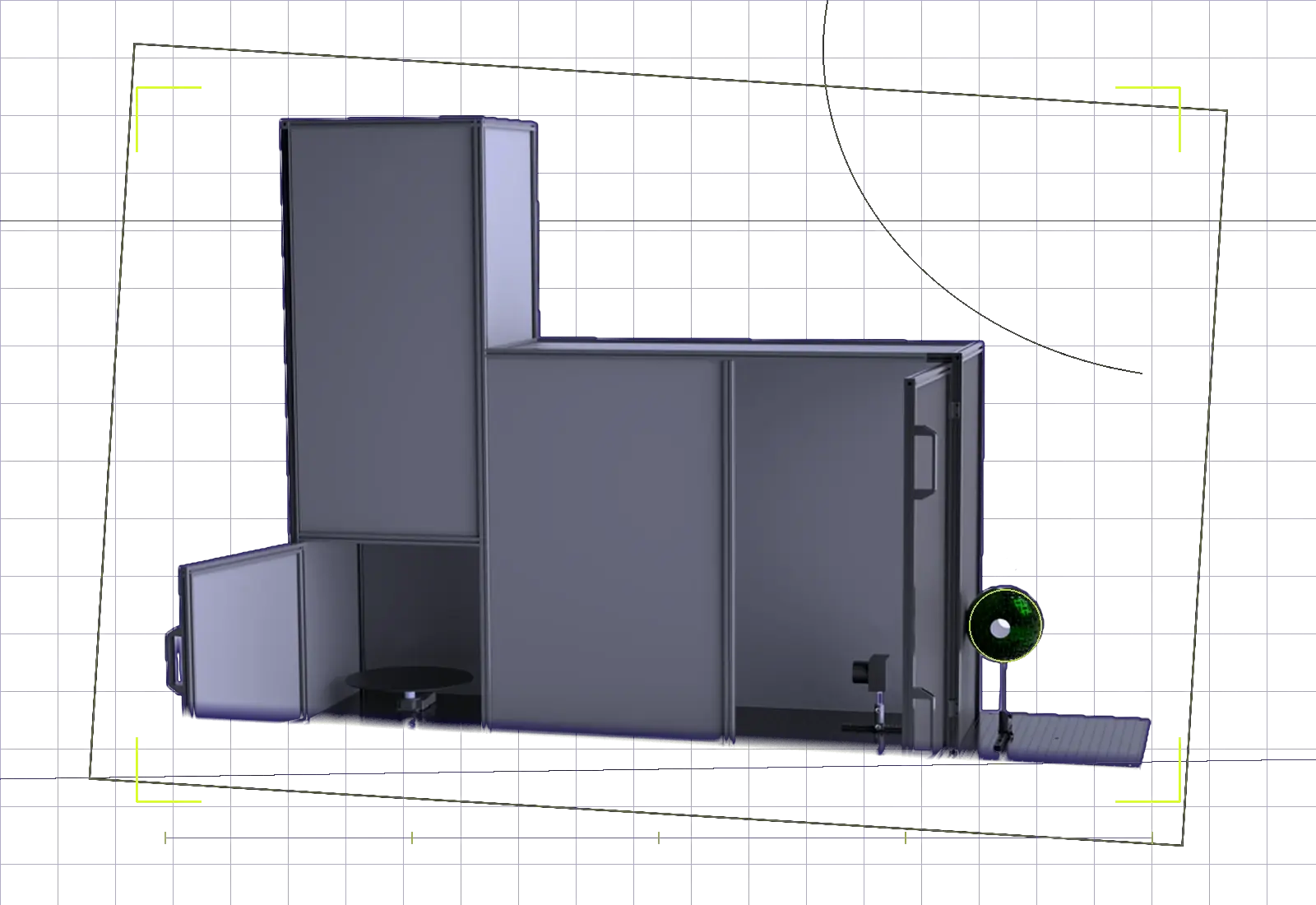 Model of the dark box: enclosure, rotating stage, camera and integrating sphere